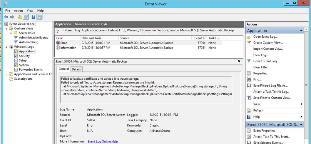 VM 事件記錄檔顯示的錯誤訊息螢幕擷取畫面。