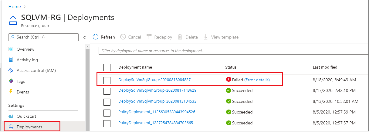 Azure 入口網站的螢幕擷取畫面，顯示在部署清單中失敗的可用性群組的部署。