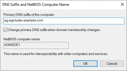 此螢幕擷取畫面顯示您可以在其中輸入值的 D N S 尾碼和 NetBIOS 電腦名稱稱對話方塊。