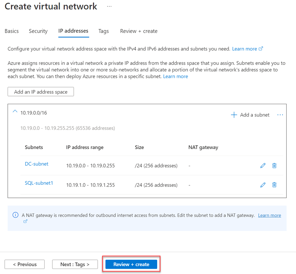 Azure 入口網站的螢幕擷取畫面,其中顯示將子網路新增至虛擬網路的選項。