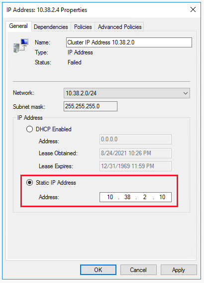 對第二個失敗的 [IP 位址]**** 資源重複相同的步驟，並使用其他 SQL Server VM 子網路專屬的 Windows 叢集 IP 位址。