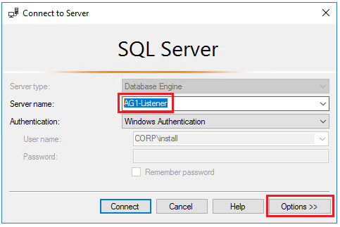 開啟 SQL Server Management Studio，並且在 [伺服器名稱] 中鍵入接聽程式的名稱，例如 AG1-Listener