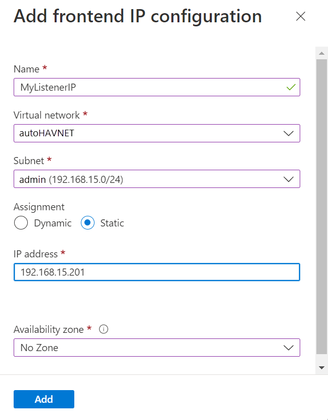Azure 入口網站的螢幕擷取畫面：顯示用於設定前端 IP 位址的頁面。