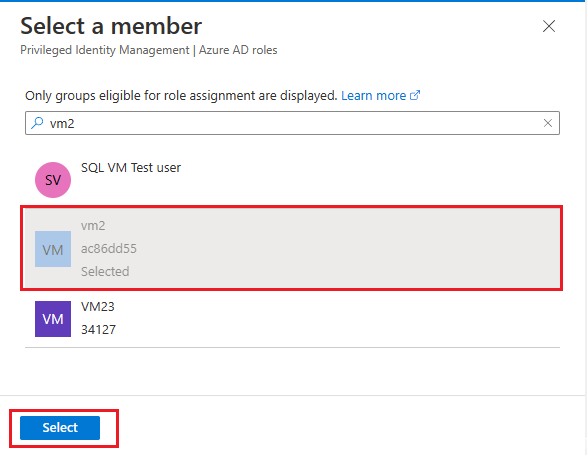 搜尋 Azure 入口網站中要選取成員的螢幕擷取畫面。
