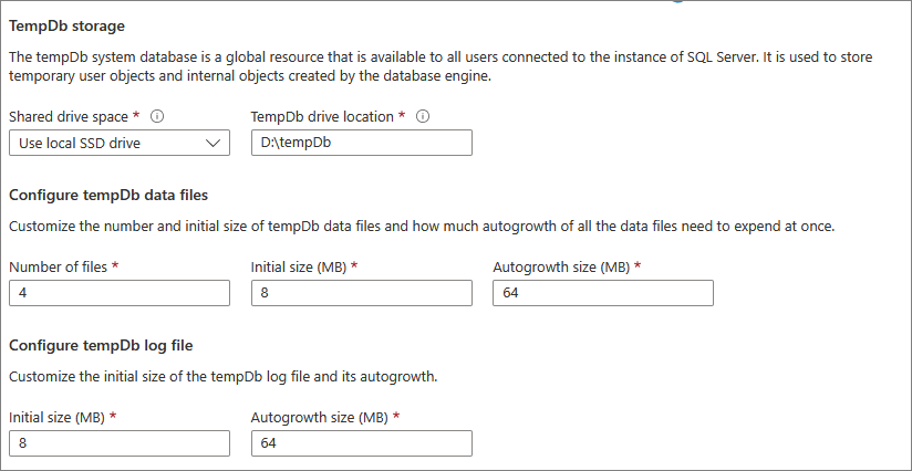 Azure 入口網站的螢幕擷取畫面：顯示 tempdb 儲存體的組態設定。