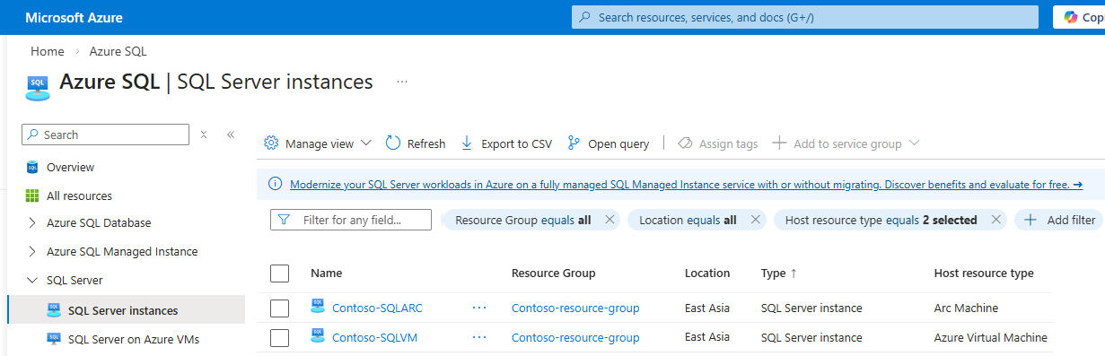 Azure 入口網站中 SQL Server 實例資源的截圖。