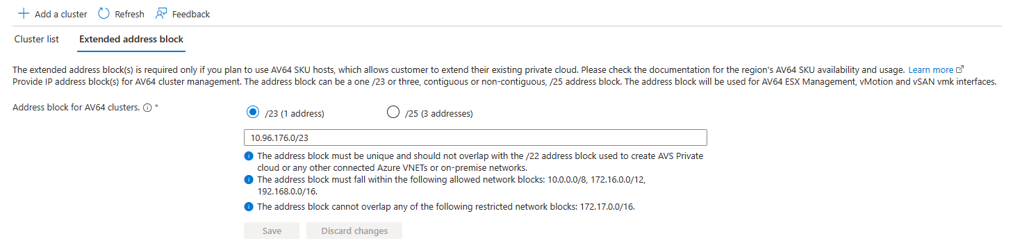 顯示如何將 AV64 擴充位址區塊新增至 Azure VMware 解決方案 私人雲端的螢幕快照。