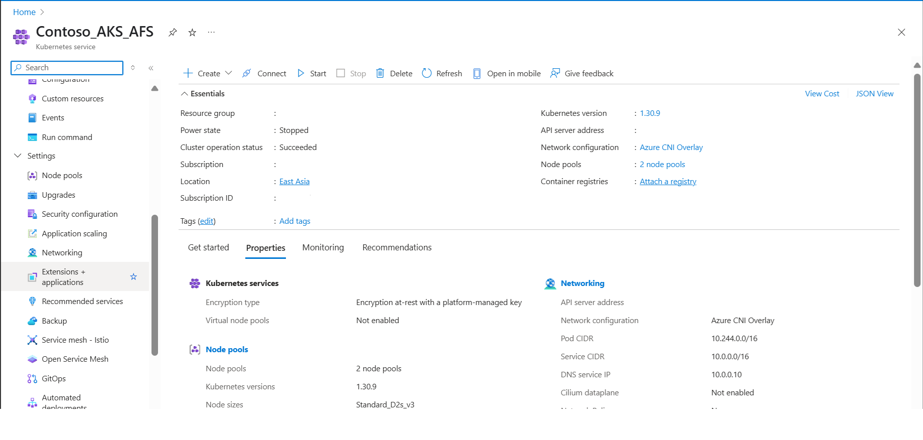 顯示 Azure 入口網站中 AKS 叢集的螢幕快照。