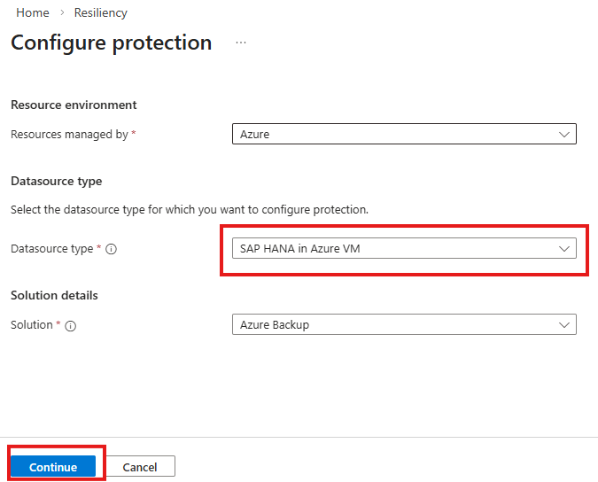 截圖顯示 Azure VM 中選擇 SAP HANA 作為資料來源類型。