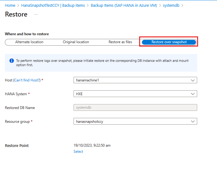 Screenshot that shows how to select the log restore points of the system database instance for restore.