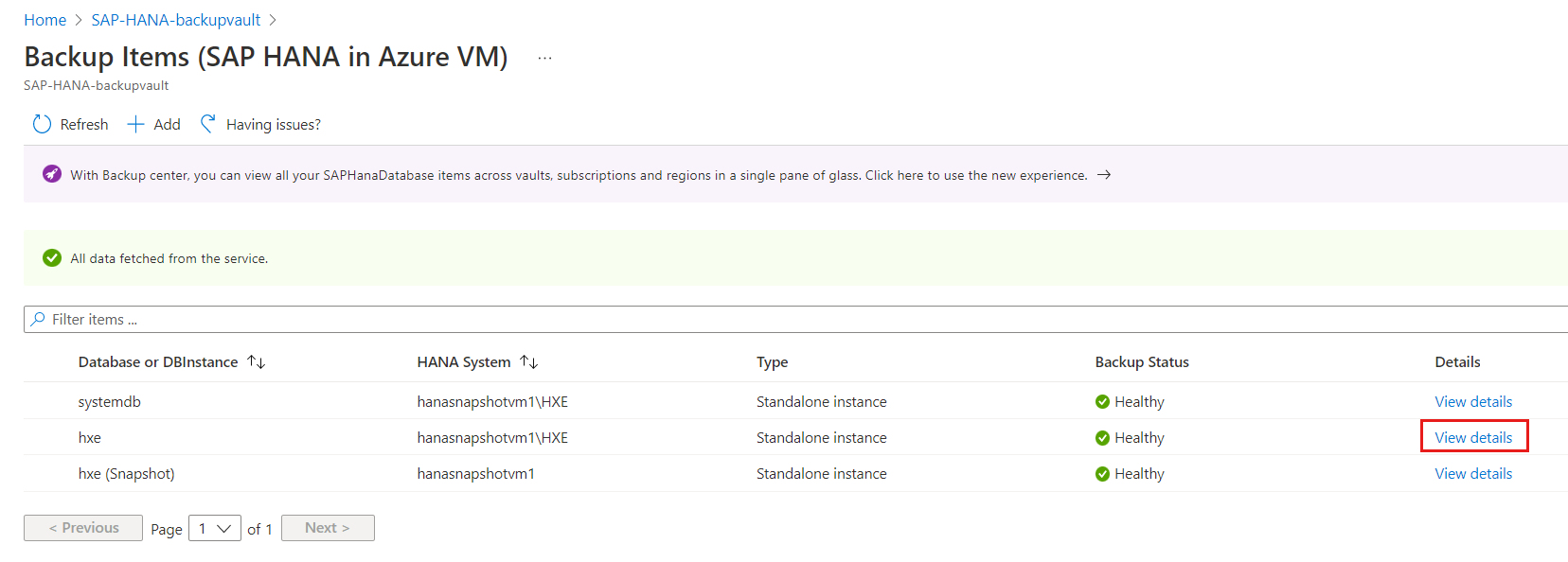 Screenshot that shows the 'View details' link for the HANA tenant database.