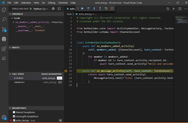 Visual Studio Code 中 Python Bot 的螢幕快照，在斷點暫停。