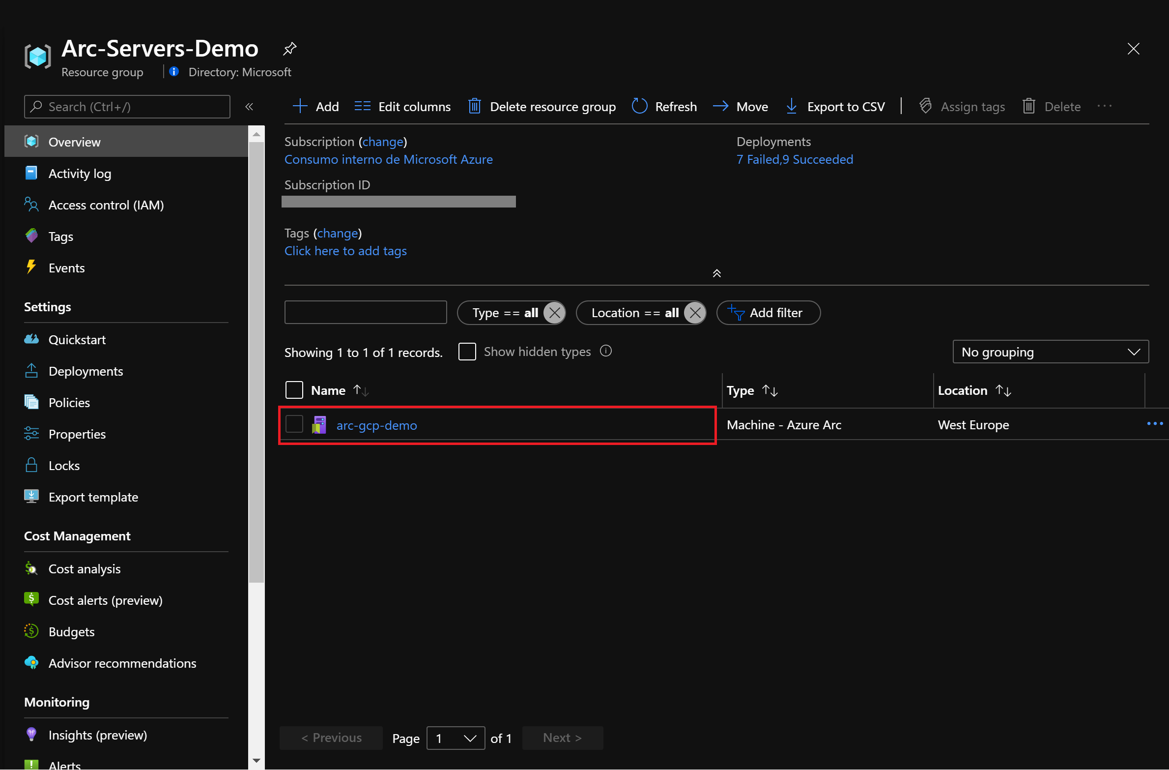 A screenshot of an overview of an Azure Arc-enabled server in the Azure portal.