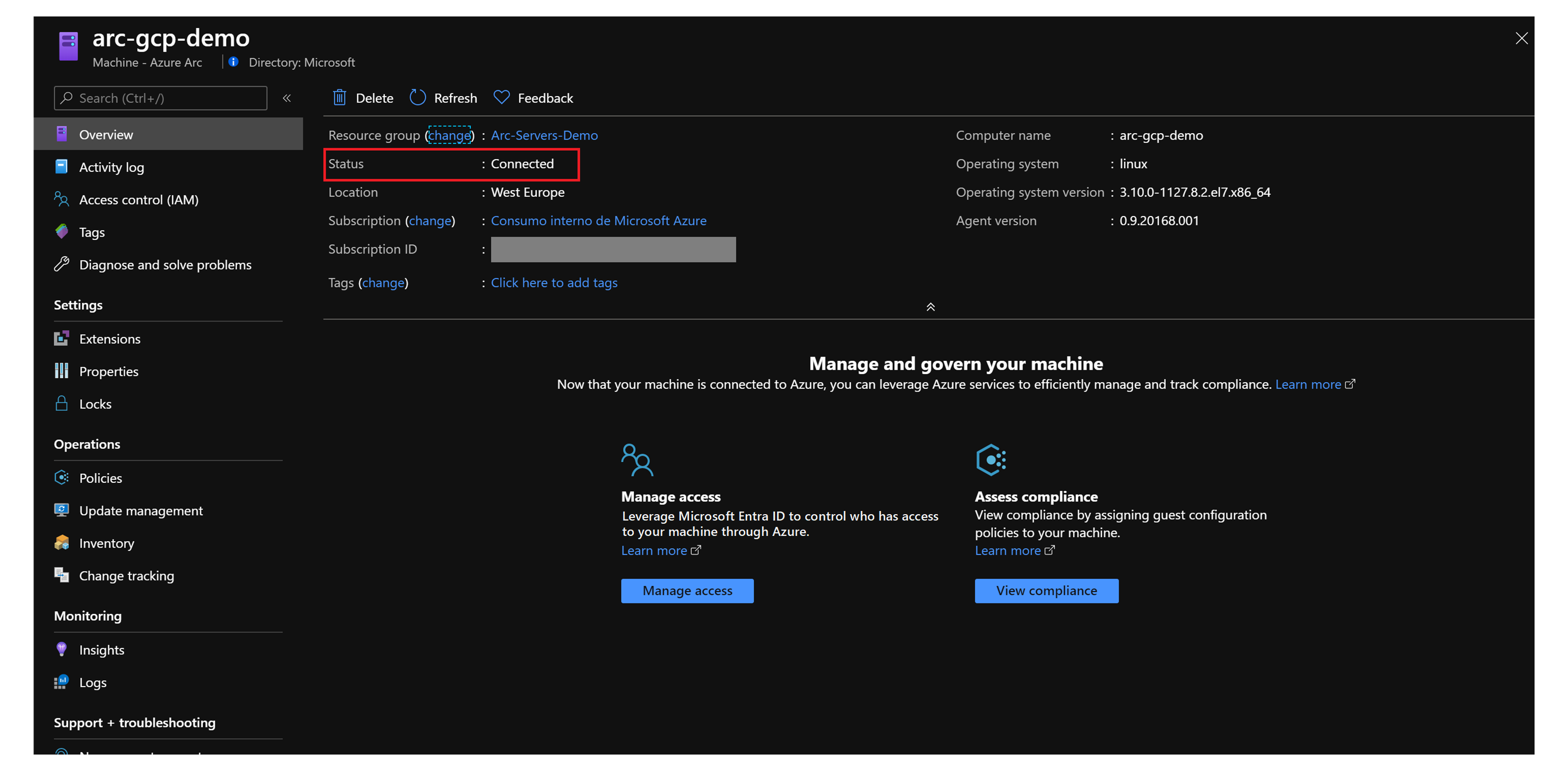 A screenshot showing the details of an Azure Arc-enabled server in the Azure portal.