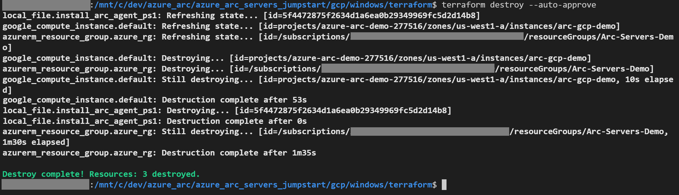A screenshot of the terraform destroy command.