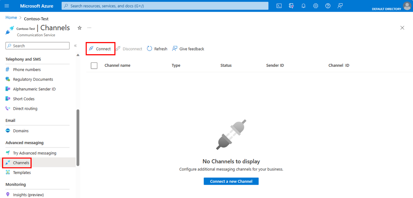 Screenshot that shows Azure portal viewing the Communication Services Channels on the left panel.