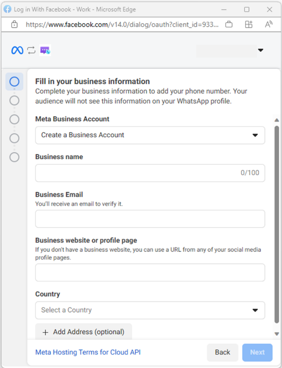 Screenshot that shows Filling out the details of your Meta Business account.