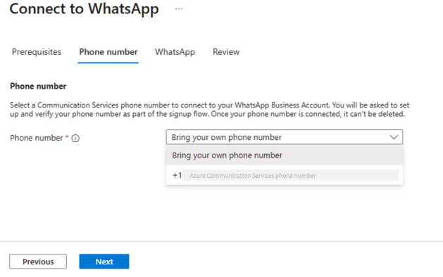 Screenshot that shows Connect to WhatsApp phone number selection.