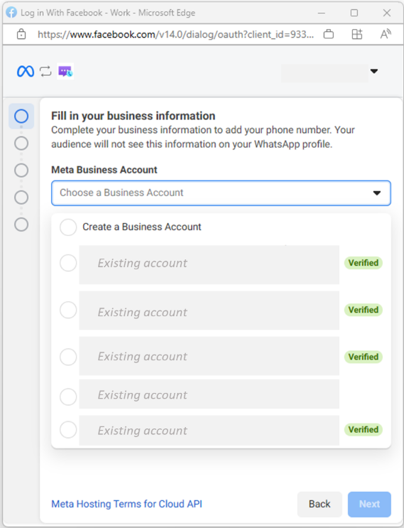 Screenshot that shows selecting existing Meta Business Account.