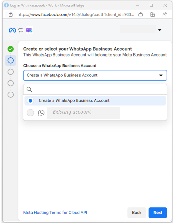 Screenshot that shows Creating or selecting WhatsApp Business account.