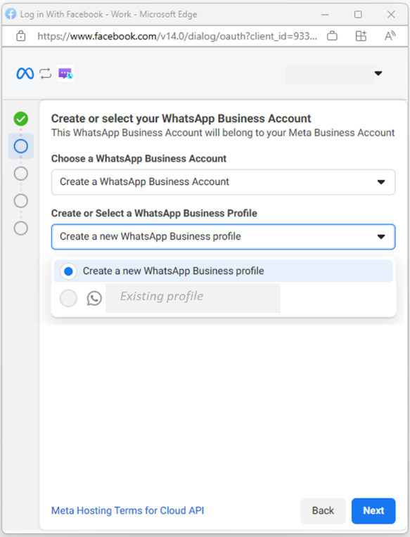 Screenshot that shows Creating or selecting WhatsApp Business profile.