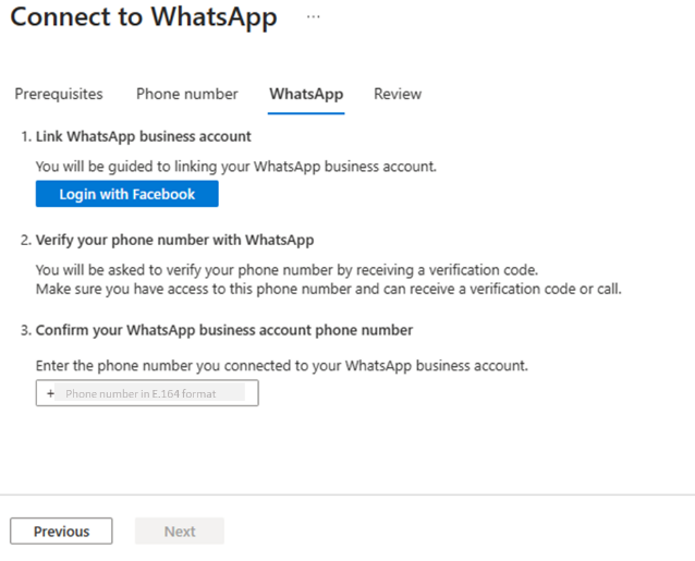 Screenshot that shows Connect to WhatsApp sign-in with Facebook.