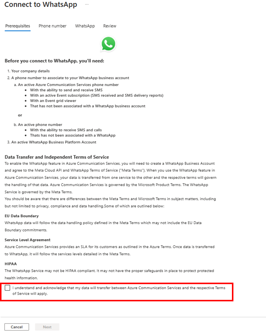 Screenshot that shows Connect to WhatsApp prerequisites.