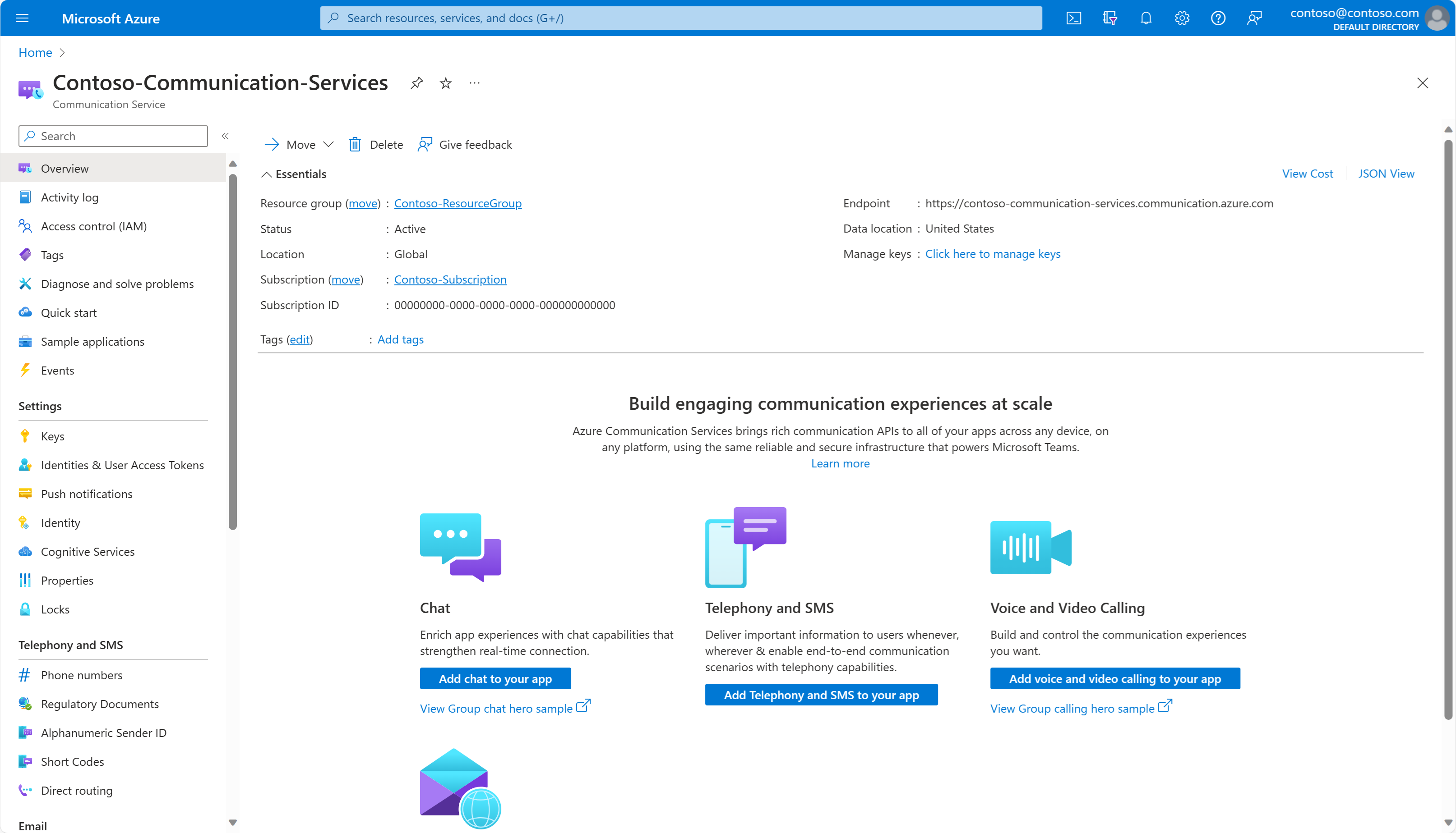 Screenshot that shows Azure Communication Services Resource in Azure portal.