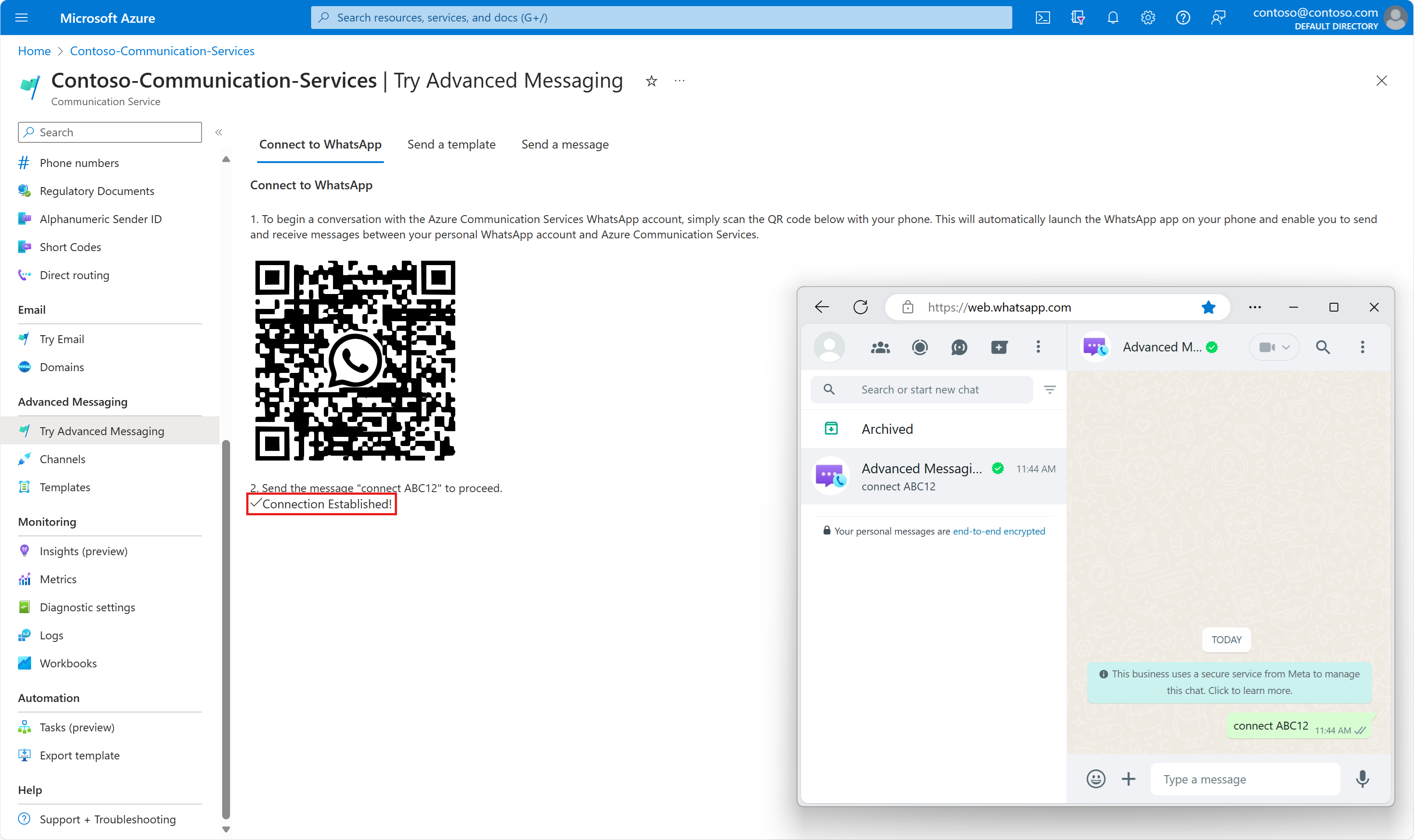 Screenshot that shows Advanced Messaging WhatsApp connection established in the Azure portal.