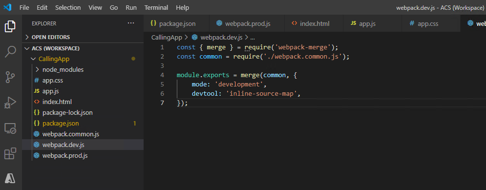 顯示設定 Webpack 之程式碼的螢幕擷取畫面。