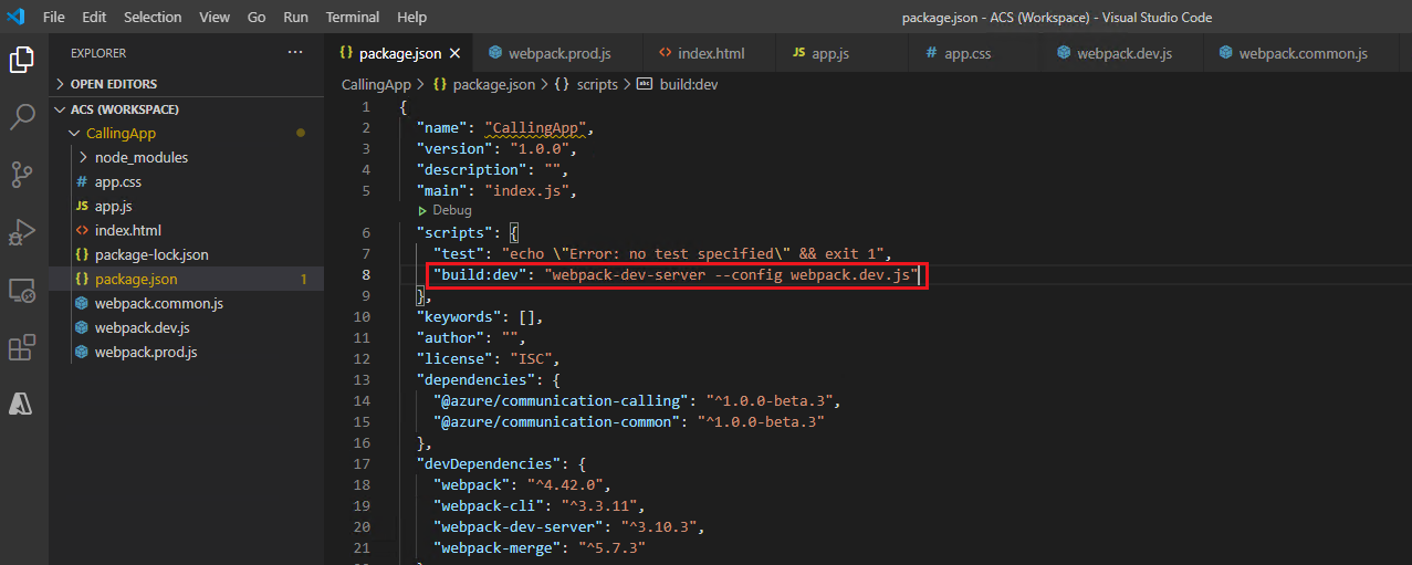 顯示修改 package.json 的螢幕擷取畫面。