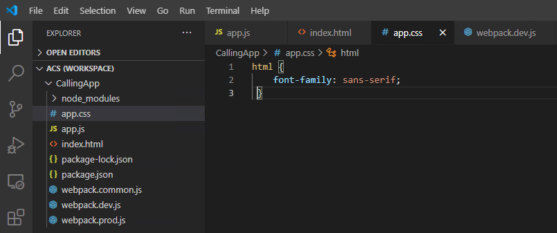 顯示 App.css 檔案的螢幕擷取畫面。