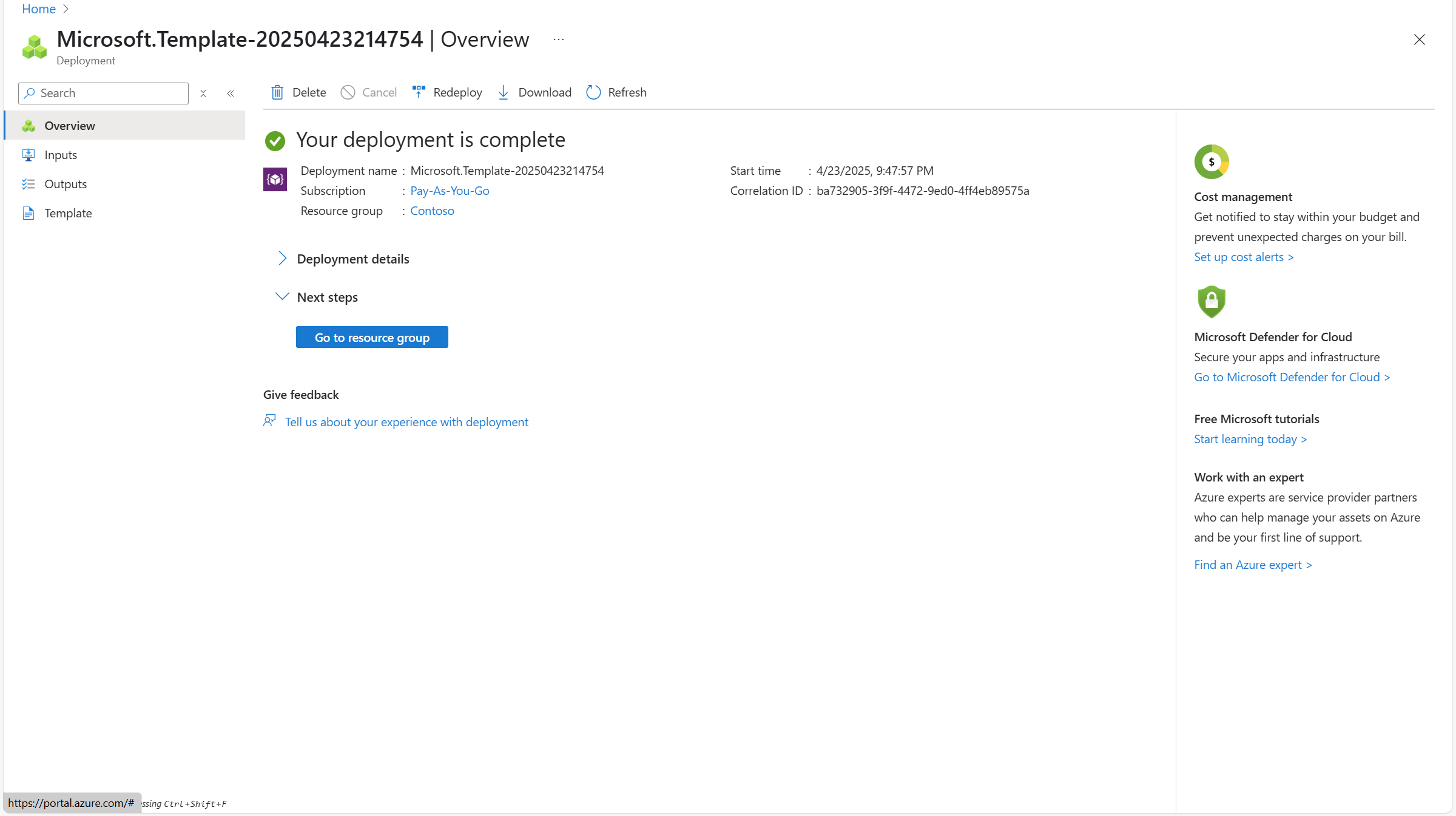 已完成 Azure Resource Manager 範本的螢幕快照。