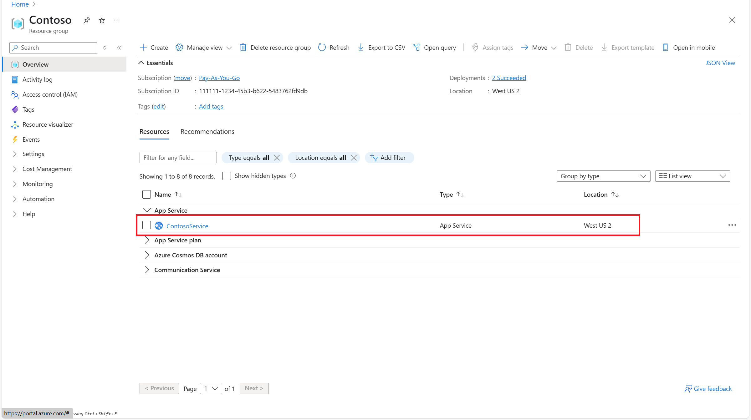 Azure 入口網站中產生的 Azure 資源的螢幕快照。