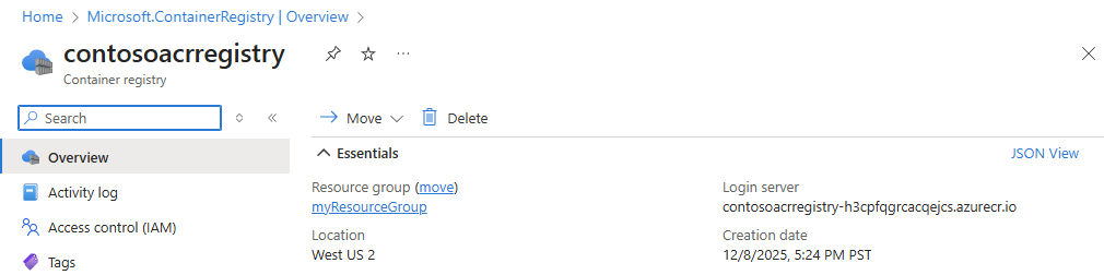 Azure 入口網站中容器登錄檔的總覽頁面截圖。