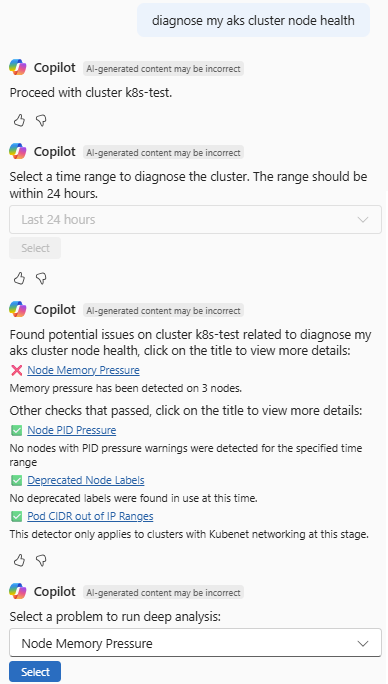 Azure Copilot 檢查 AKS 叢集健康情況的螢幕擷取畫面。