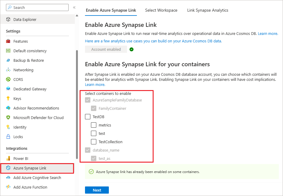 此螢幕快照顯示如何開啟 Azure Cosmos DB 現有容器的分析存放區。