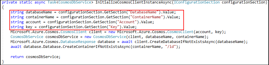 截圖顯示一個方法，裡面有幾個字串變數以紅色標示，包括 databaseName、containerName、account 和 key。