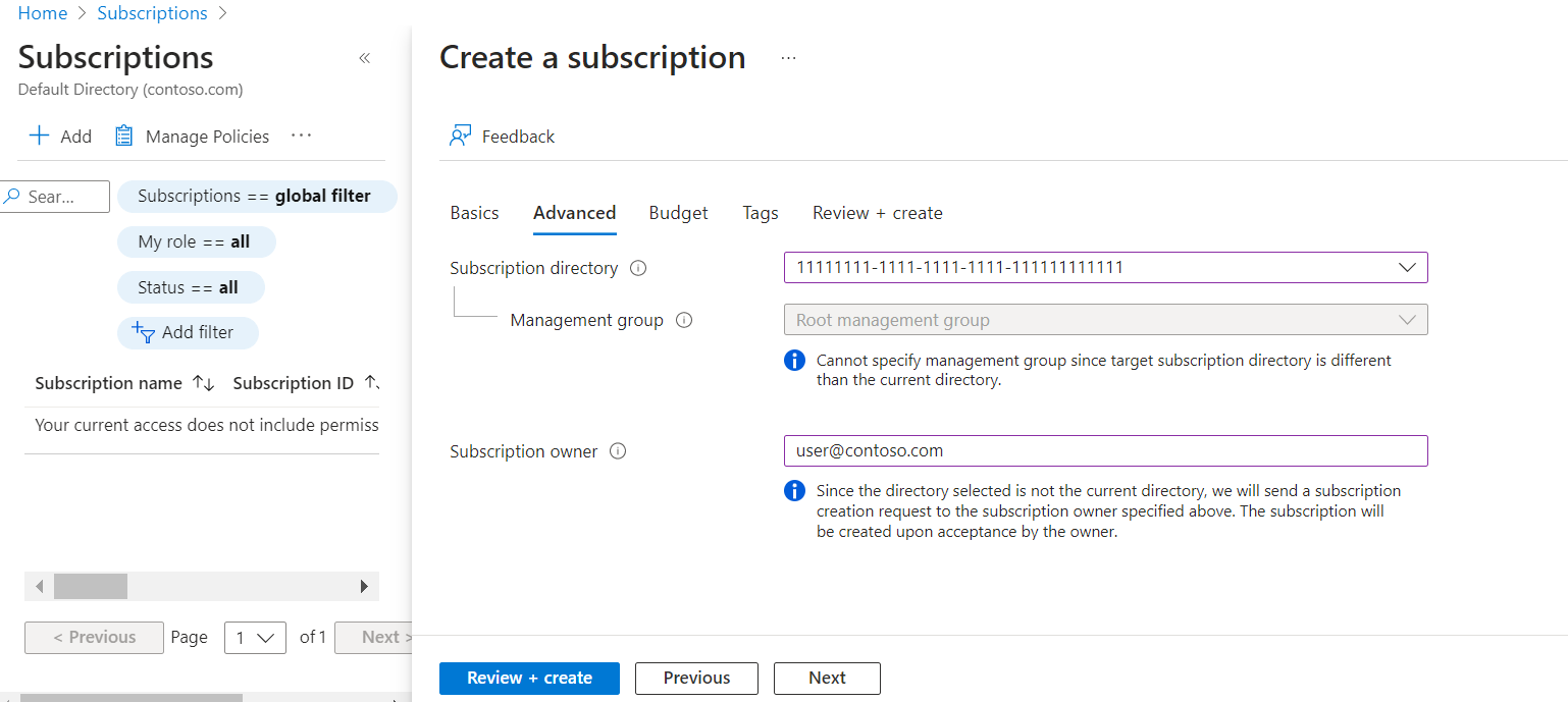 Screenshot showing Create a subscription outside the current directory.