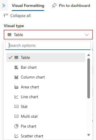 Azure Data Explorer Web UI 中視覺效果類型下拉式清單的螢幕快照。