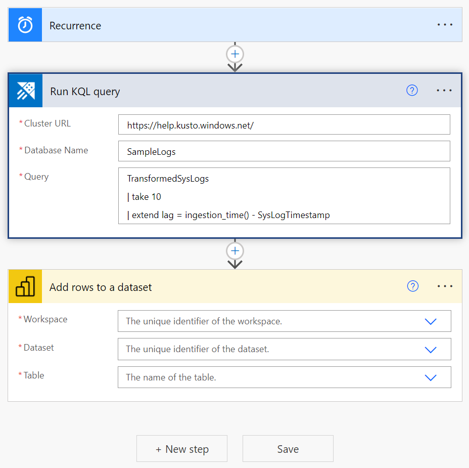 Power BI 連接器的螢幕擷取畫面，其中顯示新增資料列至資料集動作。