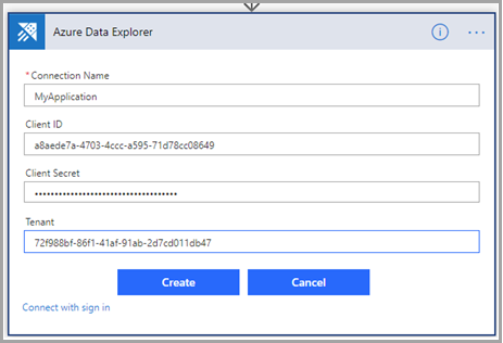 Azure 資料總管連線的螢幕快照，其中顯示 [應用程式驗證] 對話方塊。