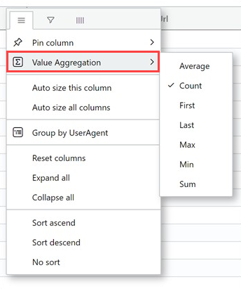 在 Azure 數據總管 Web UI 中依結果分組數據行時的匯總結果螢幕快照。