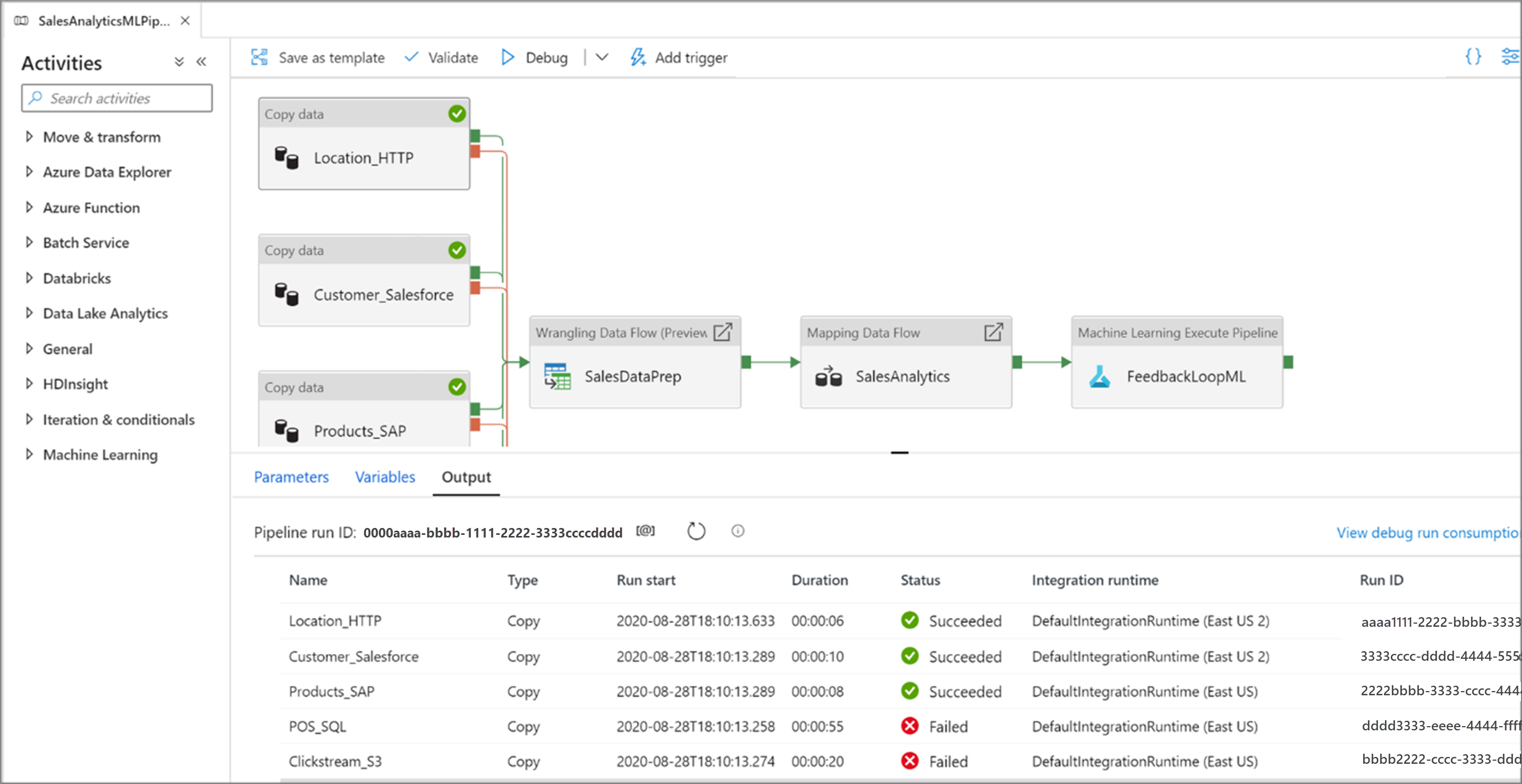 顯示具有偵錯選項之管線編輯器畫布的螢幕快照。