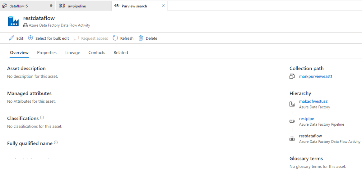 此螢幕快照顯示來自 Azure Data Factory Studio 搜尋列中搜尋結果的 Purview 結果。