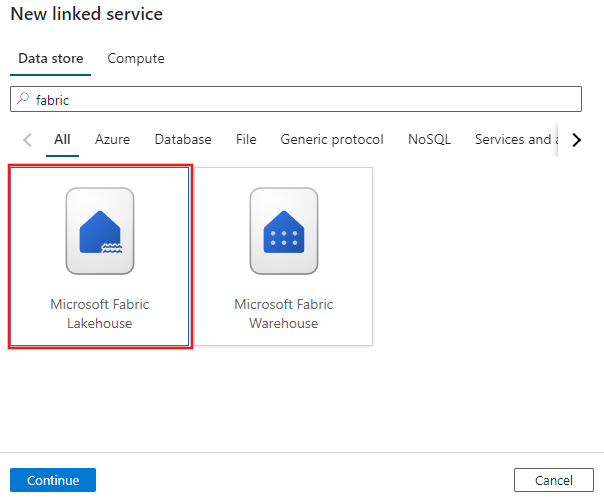 截圖顯示選取Microsoft Fabric Lakehouse 連接器。