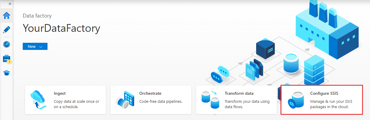 顯示 Azure Data Factory 首頁的螢幕快照。