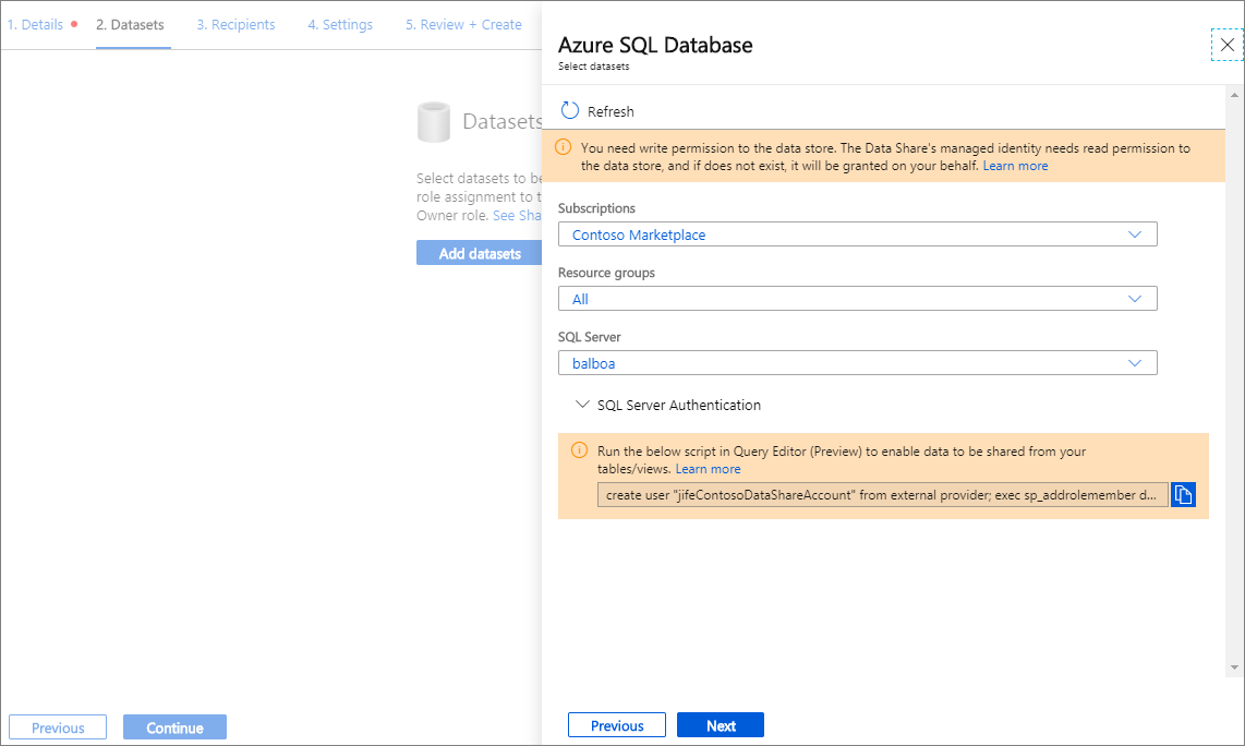 顯示已選取 SQL Server 的 Azure SQL Database 資料集視窗螢幕擷取畫面。