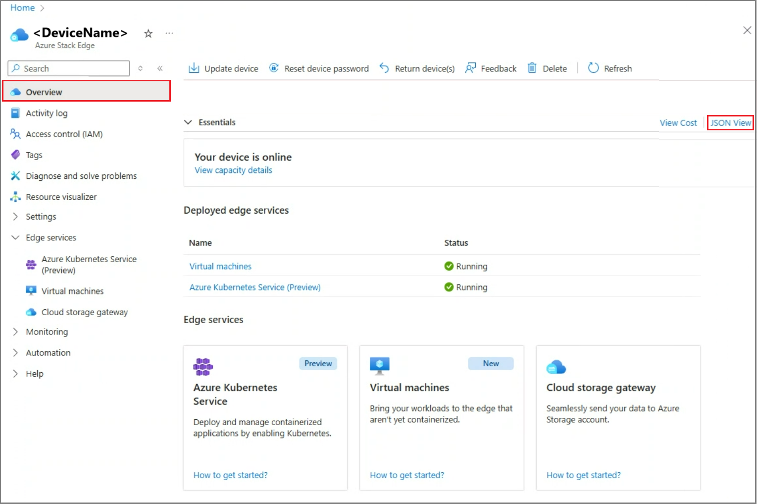 檢視 Azure Stack Edge 裝置的概覽頁面截圖。