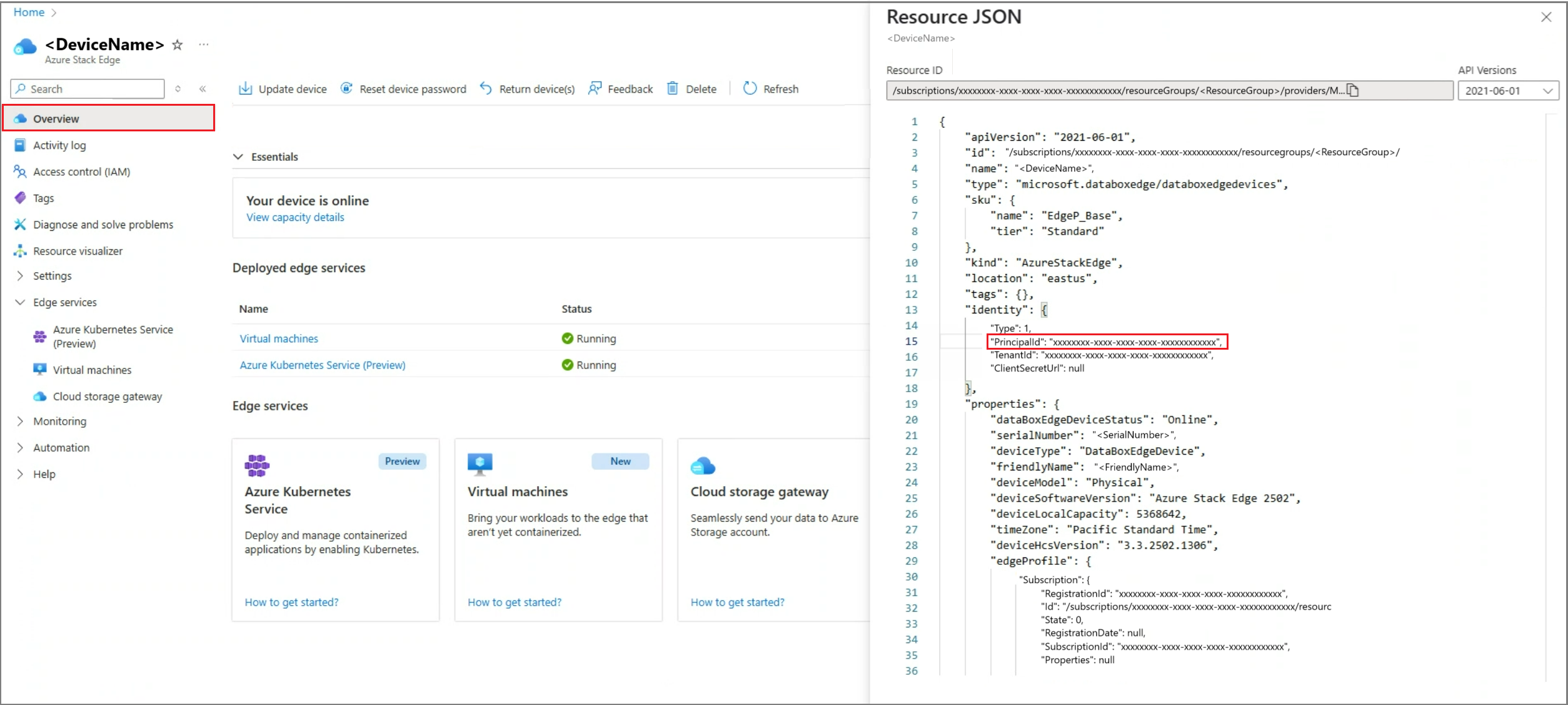 檢視 Azure Stack Edge 裝置 JSON 詳細資料的螢幕擷取畫面。